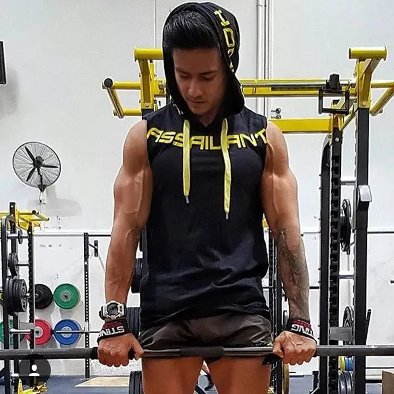 Fitness Running Basketball Sport Tank Top Men Hooded Drawstring Printed Letter Loose Casual Sleeveless Quick Dry Breathable Vest