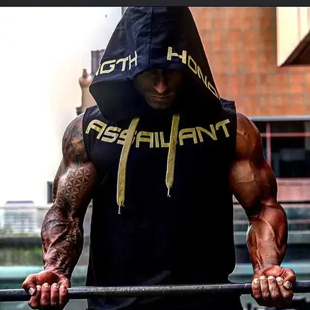 Fitness Running Basketball Sport Tank Top Men Hooded Drawstring Printed Letter Loose Casual Sleeveless Quick Dry Breathable Vest