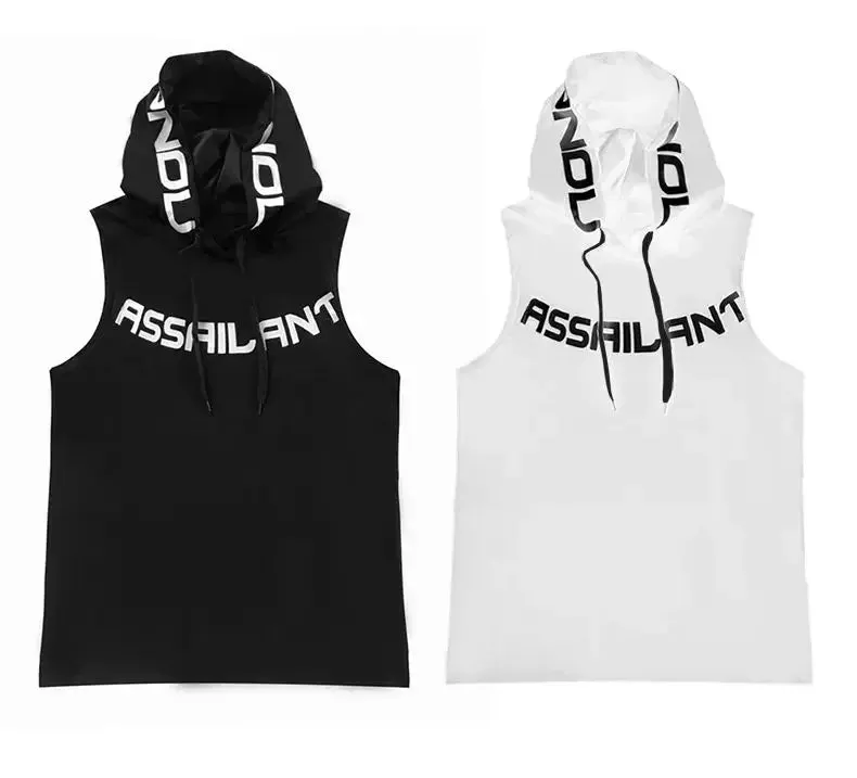Fitness Running Basketball Sport Tank Top Men Hooded Drawstring Printed Letter Loose Casual Sleeveless Quick Dry Breathable Vest