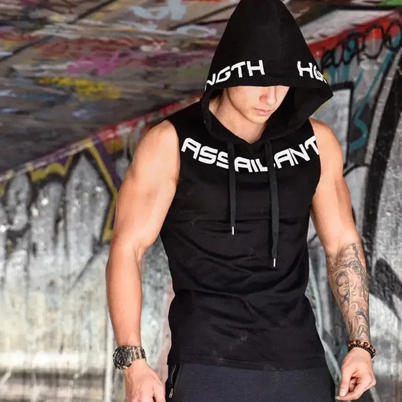 Fitness Running Basketball Sport Tank Top Men Hooded Drawstring Printed Letter Loose Casual Sleeveless Quick Dry Breathable Vest