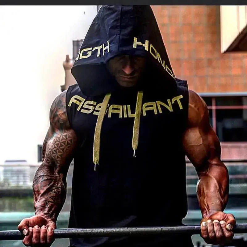 Fitness Running Basketball Sport Tank Top Men Hooded Drawstring Printed Letter Loose Casual Sleeveless Quick Dry Breathable Vest