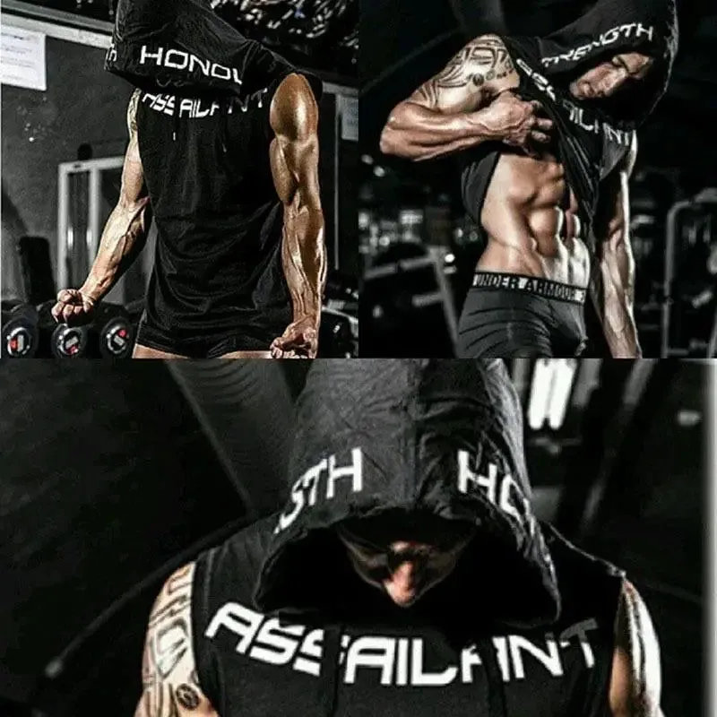Fitness Running Basketball Sport Tank Top Men Hooded Drawstring Printed Letter Loose Casual Sleeveless Quick Dry Breathable Vest