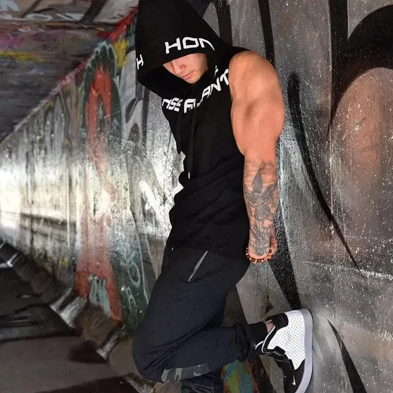 Fitness Running Basketball Sport Tank Top Men Hooded Drawstring Printed Letter Loose Casual Sleeveless Quick Dry Breathable Vest
