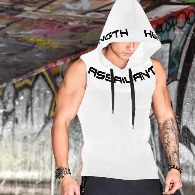 Fitness Running Basketball Sport Tank Top Men Hooded Drawstring Printed Letter Loose Casual Sleeveless Quick Dry Breathable Vest