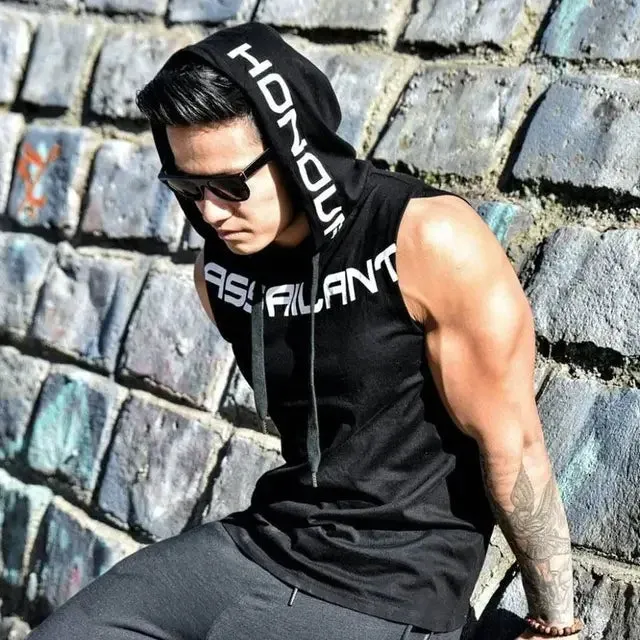 Fitness Running Basketball Sport Tank Top Men Hooded Drawstring Printed Letter Loose Casual Sleeveless Quick Dry Breathable Vest