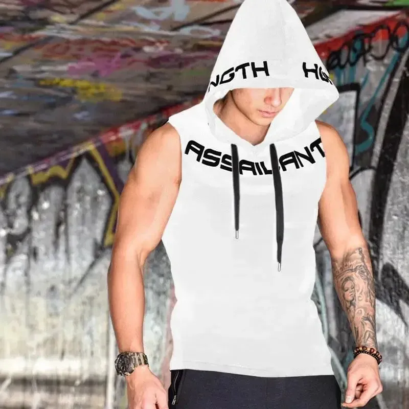 Fitness Running Basketball Sport Tank Top Men Hooded Drawstring Printed Letter Loose Casual Sleeveless Quick Dry Breathable Vest