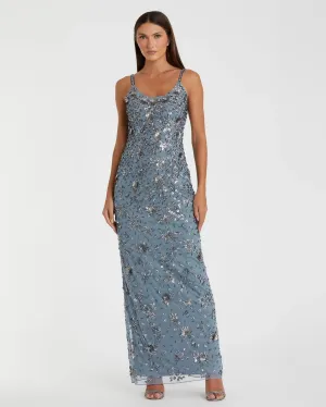 Floral embellished scoop neck evening gown - Slate grey