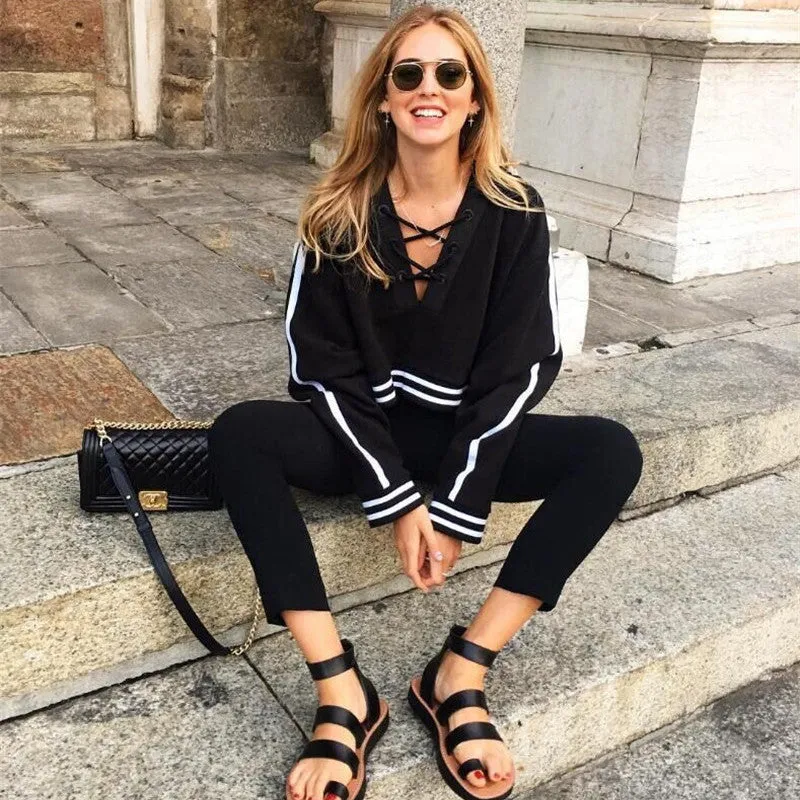 Front Straps Cross Stripe Short Hooded Crop Top Hoodie