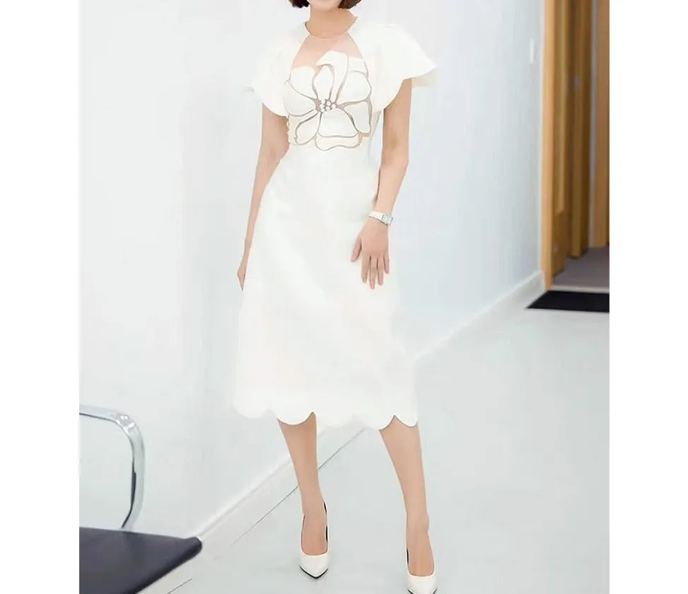 High-quality rose mesh stitching embossed elegant dress