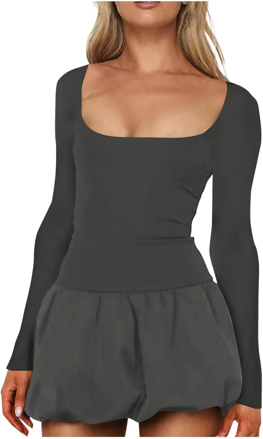 hlysgo Mini Dresses for Women Summer Casual Slim Fit Long Sleeve Scoop Neck Short Dress Trendy Patchwork A-Line Beach Dress
