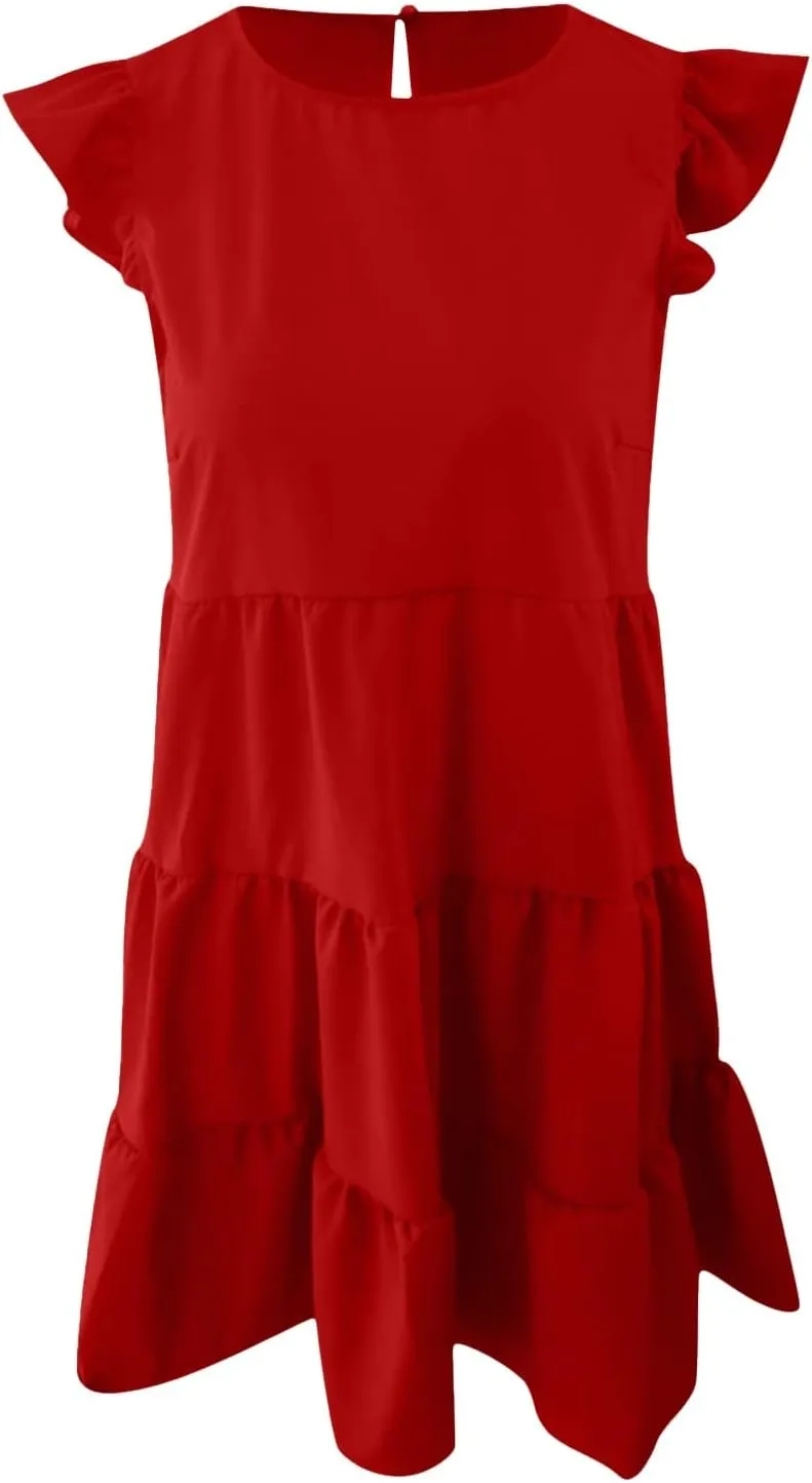 hlysgo Women Summer Dress Casual Loose Fit Ruffled Sleeveless Crew Neck Mini Dress Trendy Peplum Knee Length Beach Sundress