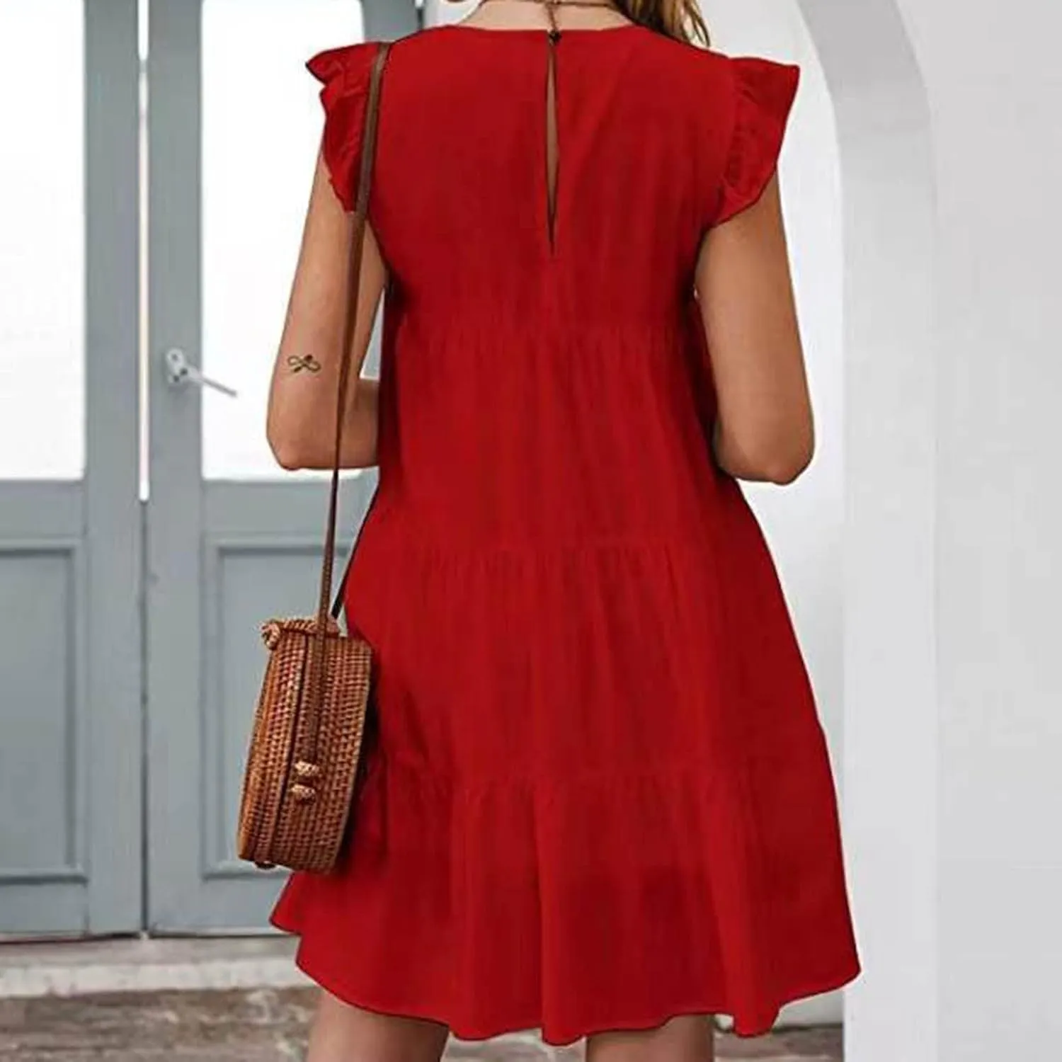 hlysgo Women Summer Dress Casual Loose Fit Ruffled Sleeveless Crew Neck Mini Dress Trendy Peplum Knee Length Beach Sundress