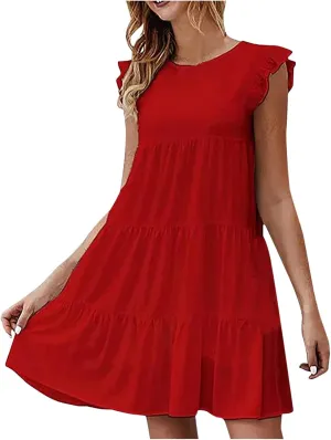 hlysgo Women Summer Dress Casual Loose Fit Ruffled Sleeveless Crew Neck Mini Dress Trendy Peplum Knee Length Beach Sundress
