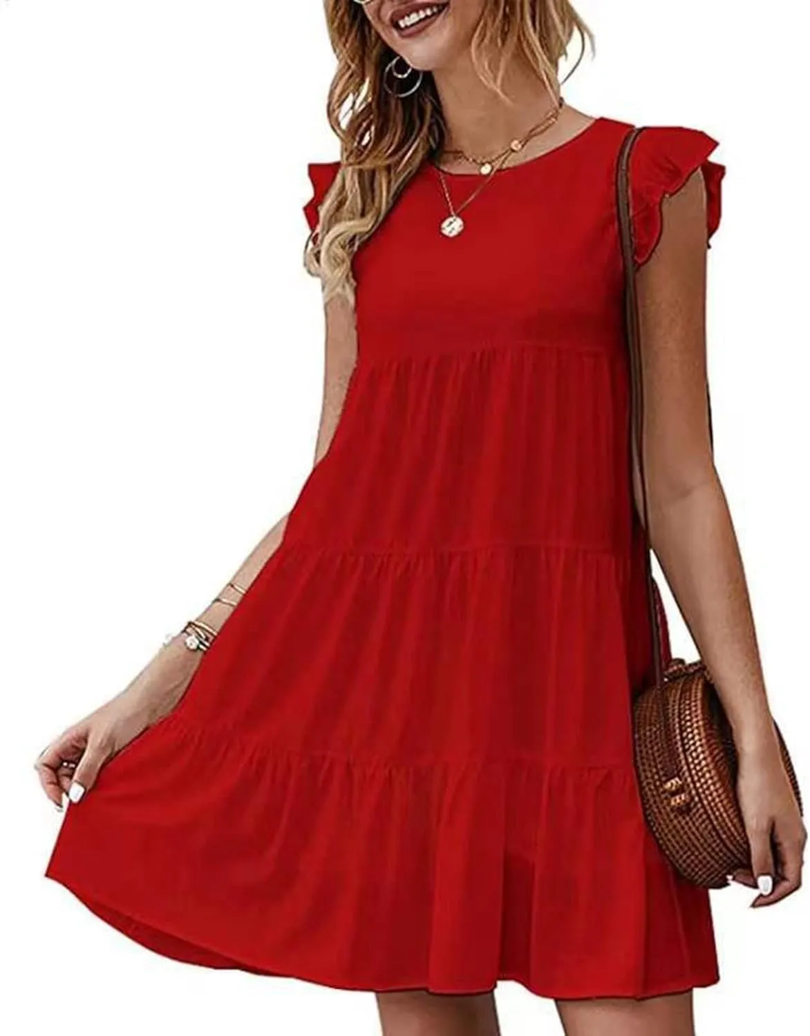 hlysgo Women Summer Dress Casual Loose Fit Ruffled Sleeveless Crew Neck Mini Dress Trendy Peplum Knee Length Beach Sundress