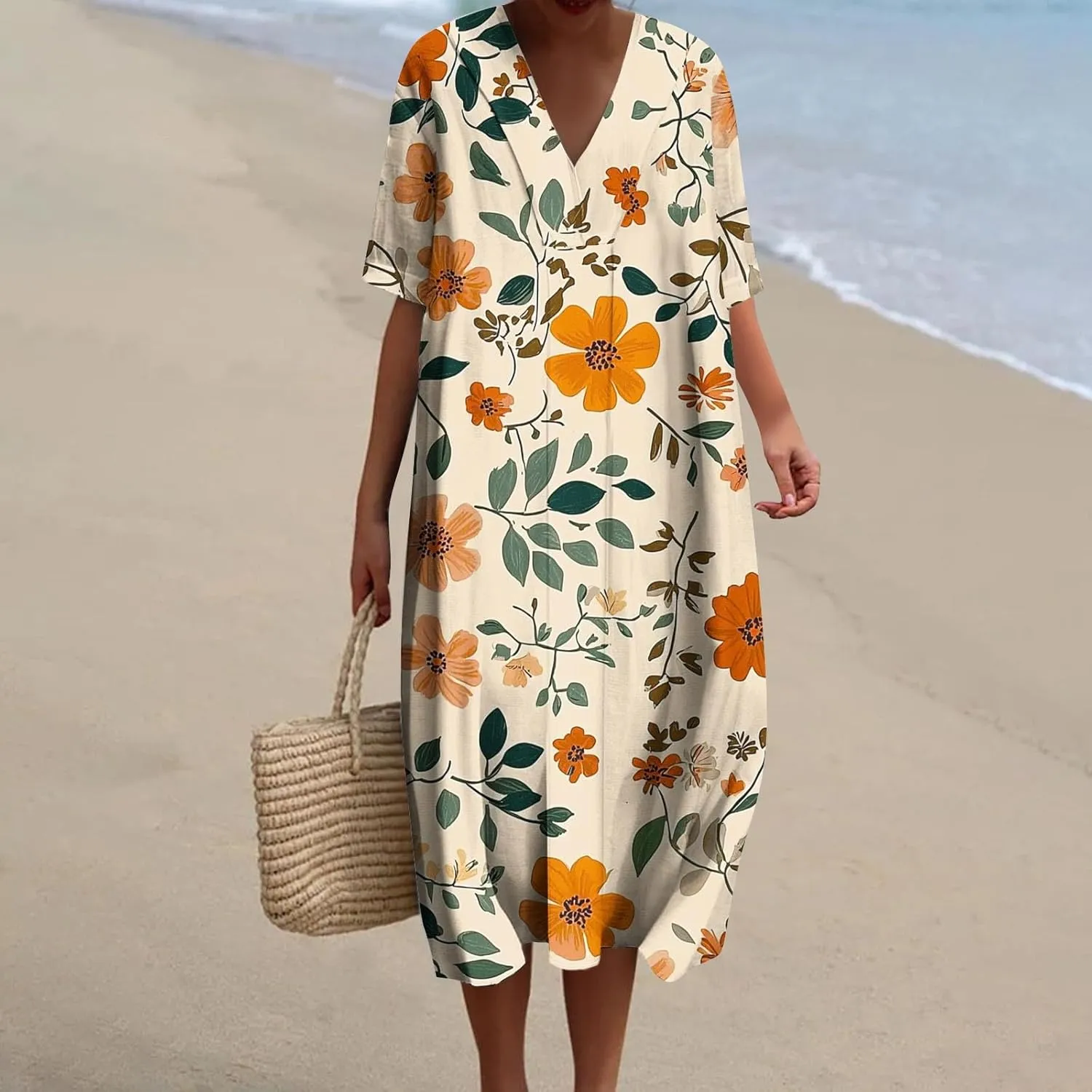 hlysgo Women Summer Dresses Casual Loose Fit Short Sleeve V Neck Midi Dress Trendy Floral Print Plus Size Comfy Beach Dress