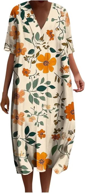 hlysgo Women Summer Dresses Casual Loose Fit Short Sleeve V Neck Midi Dress Trendy Floral Print Plus Size Comfy Beach Dress