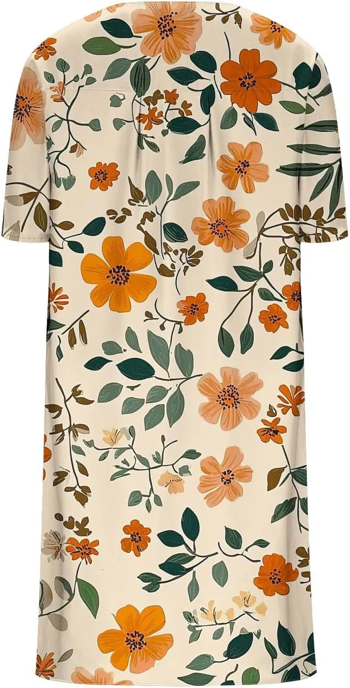 hlysgo Women Summer Dresses Casual Loose Fit Short Sleeve V Neck Midi Dress Trendy Floral Print Plus Size Comfy Beach Dress