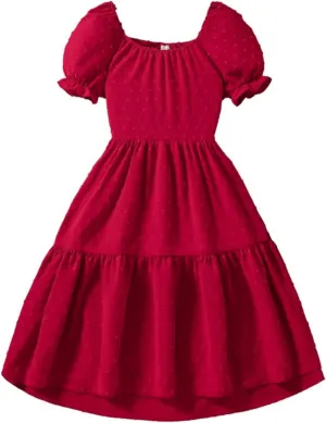 KAGAYD Girls Summer Dresses Square Neck Bubble Sleeve Tie Backless Ruffle A-Line Party Mini Dress