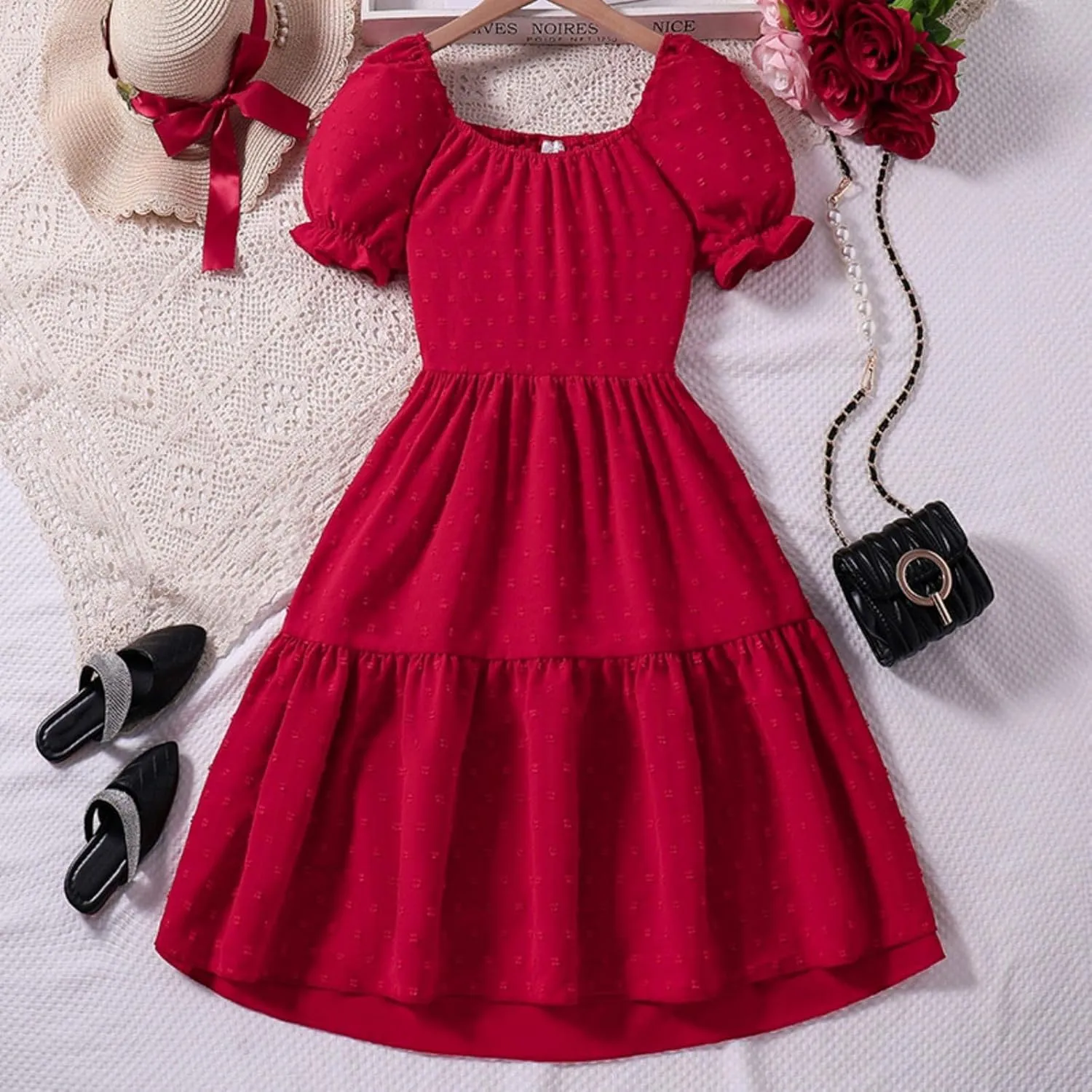 KAGAYD Girls Summer Dresses Square Neck Bubble Sleeve Tie Backless Ruffle A-Line Party Mini Dress