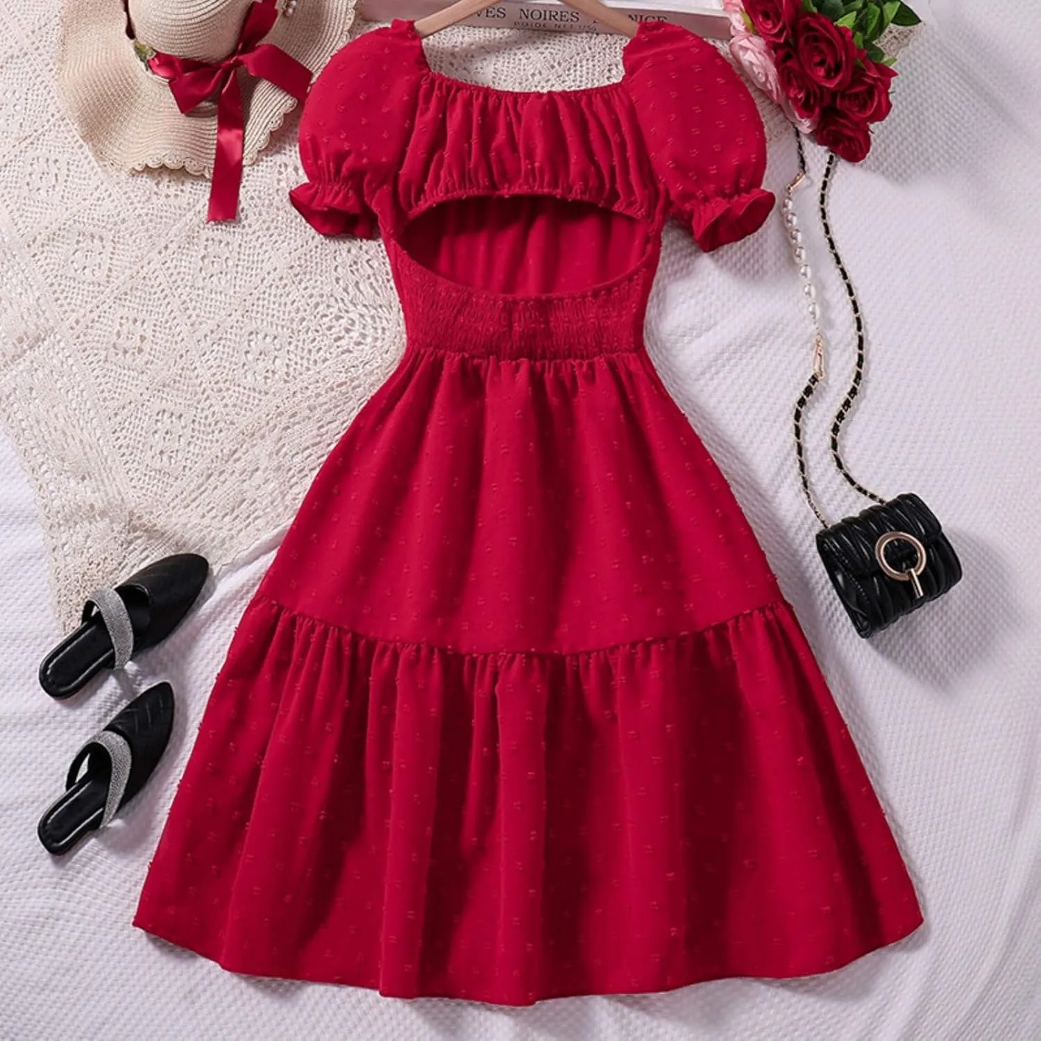 KAGAYD Girls Summer Dresses Square Neck Bubble Sleeve Tie Backless Ruffle A-Line Party Mini Dress