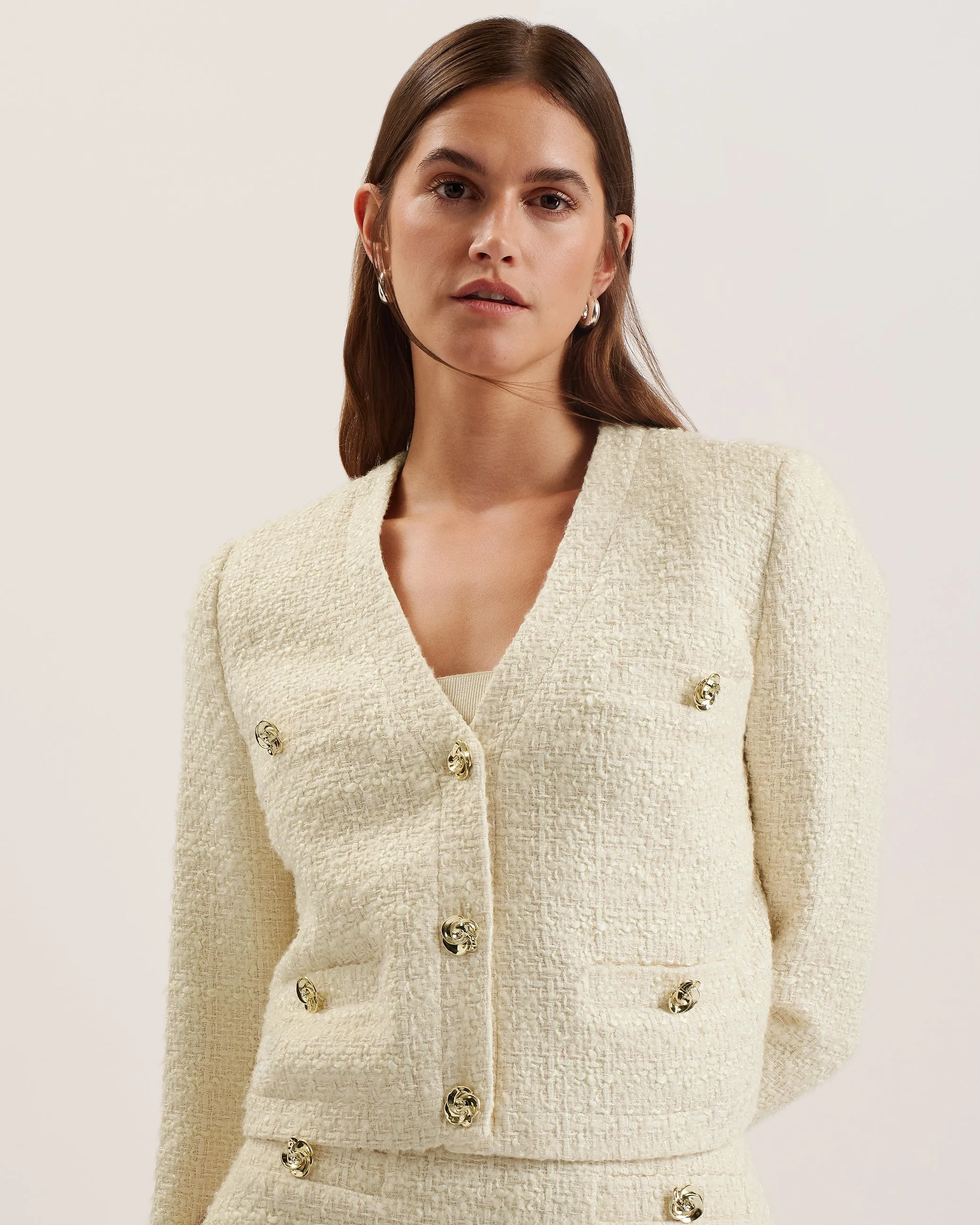 Koma Rose Button Cropped Boucle Tailored J Ivory