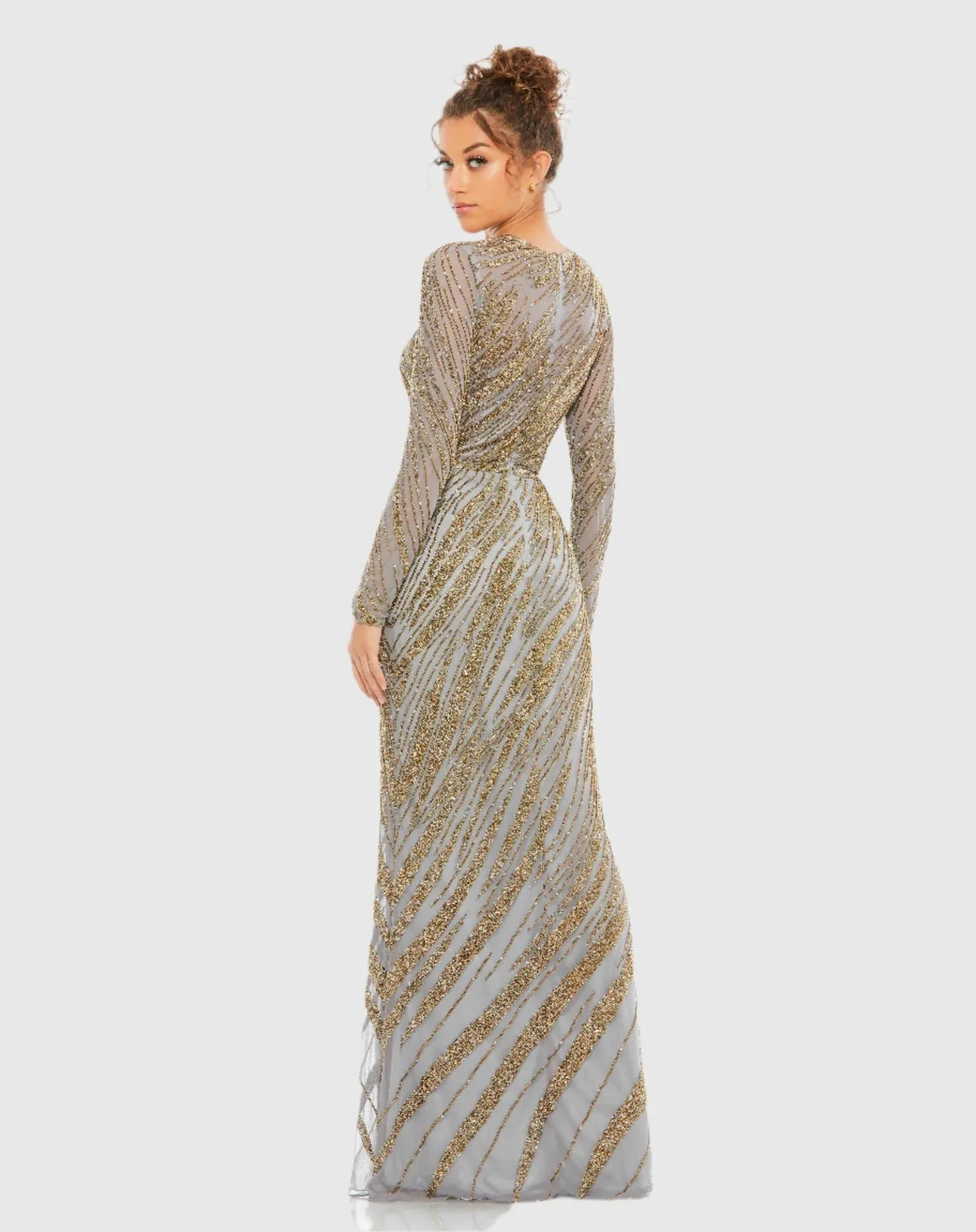 Long sleeve beaded column modest gown - Midnight