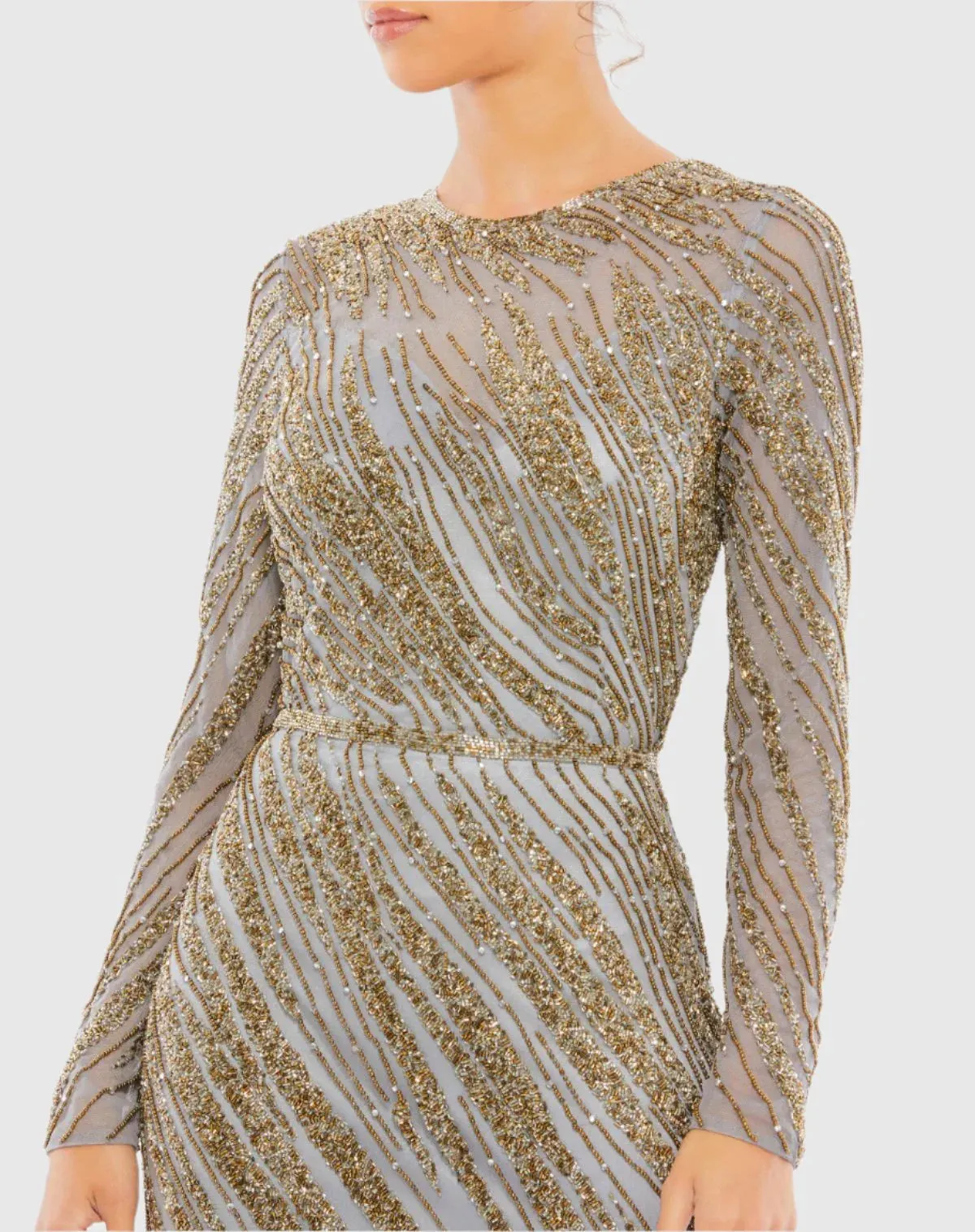 Long sleeve beaded column modest gown - Midnight