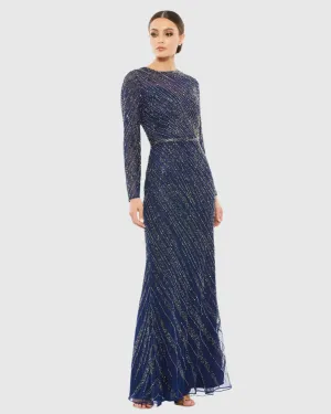 Long sleeve beaded column modest gown - Midnight