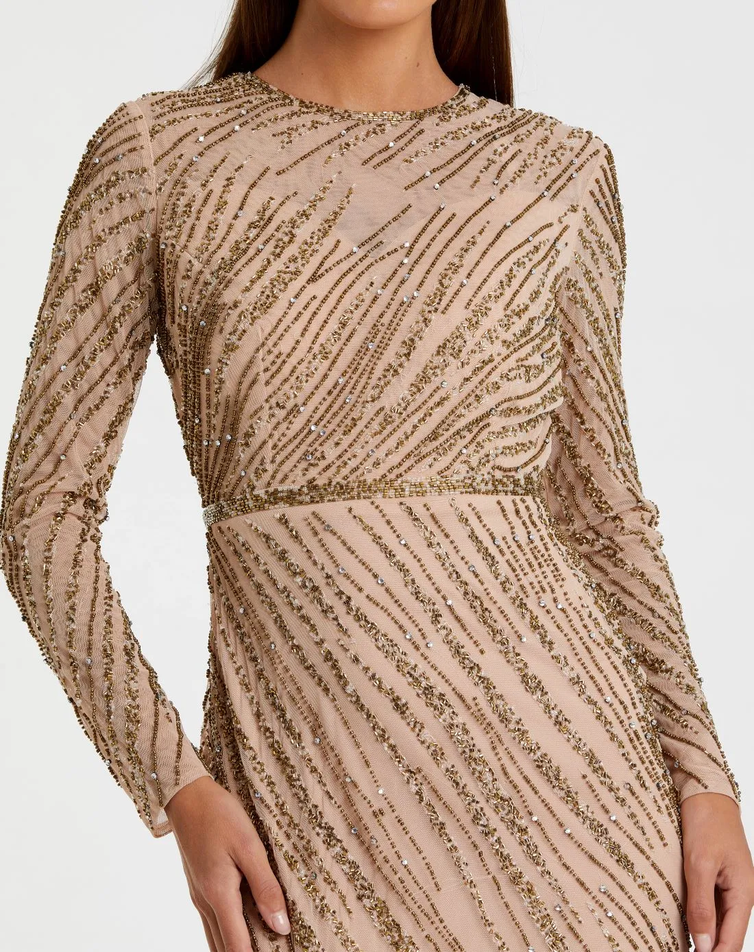 Long sleeve beaded column modest gown - Midnight