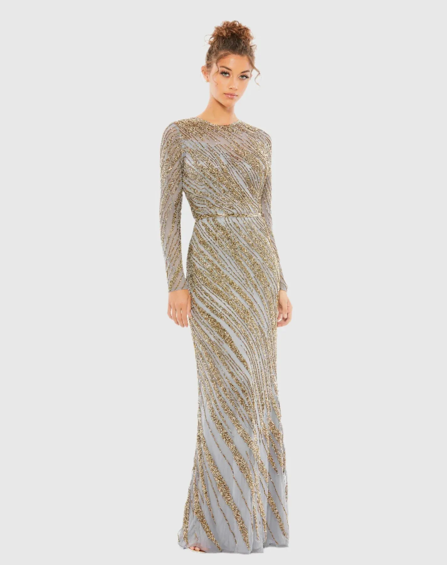 Long sleeve beaded column modest gown - Midnight