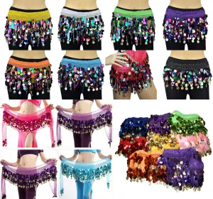 Lot of 100 Tribal Multi and Solid Color Hip Scarf Belly Pallette w/ Silver and Gold Coins