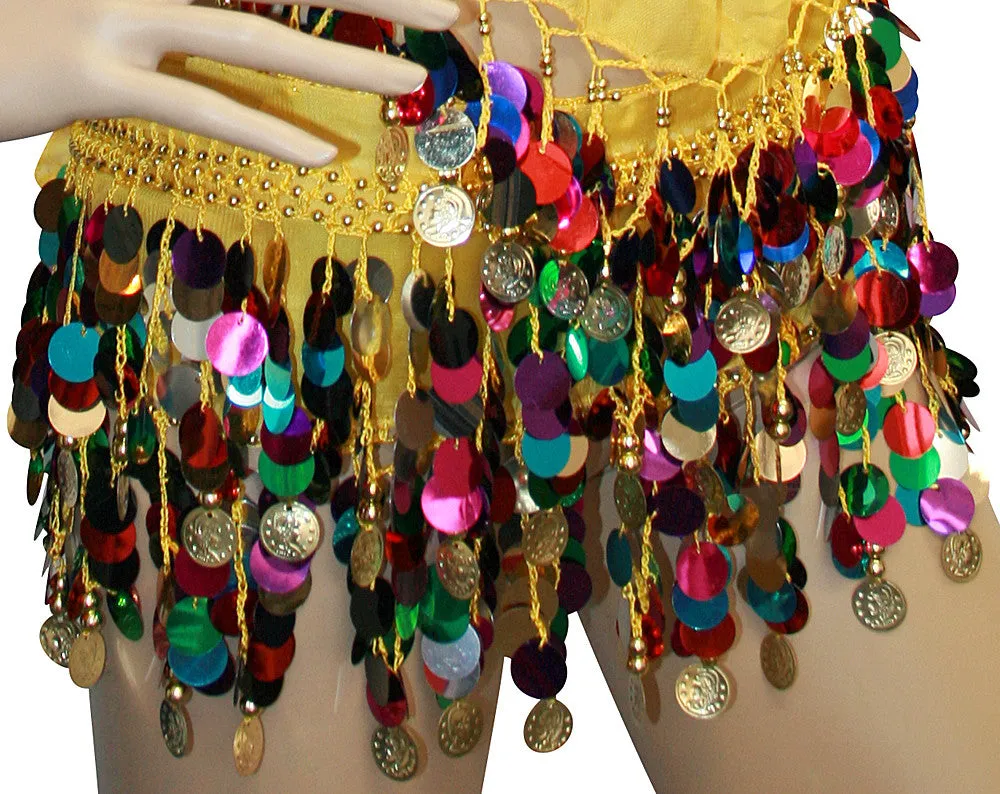Lot of 100 Tribal Multi and Solid Color Hip Scarf Belly Pallette w/ Silver and Gold Coins