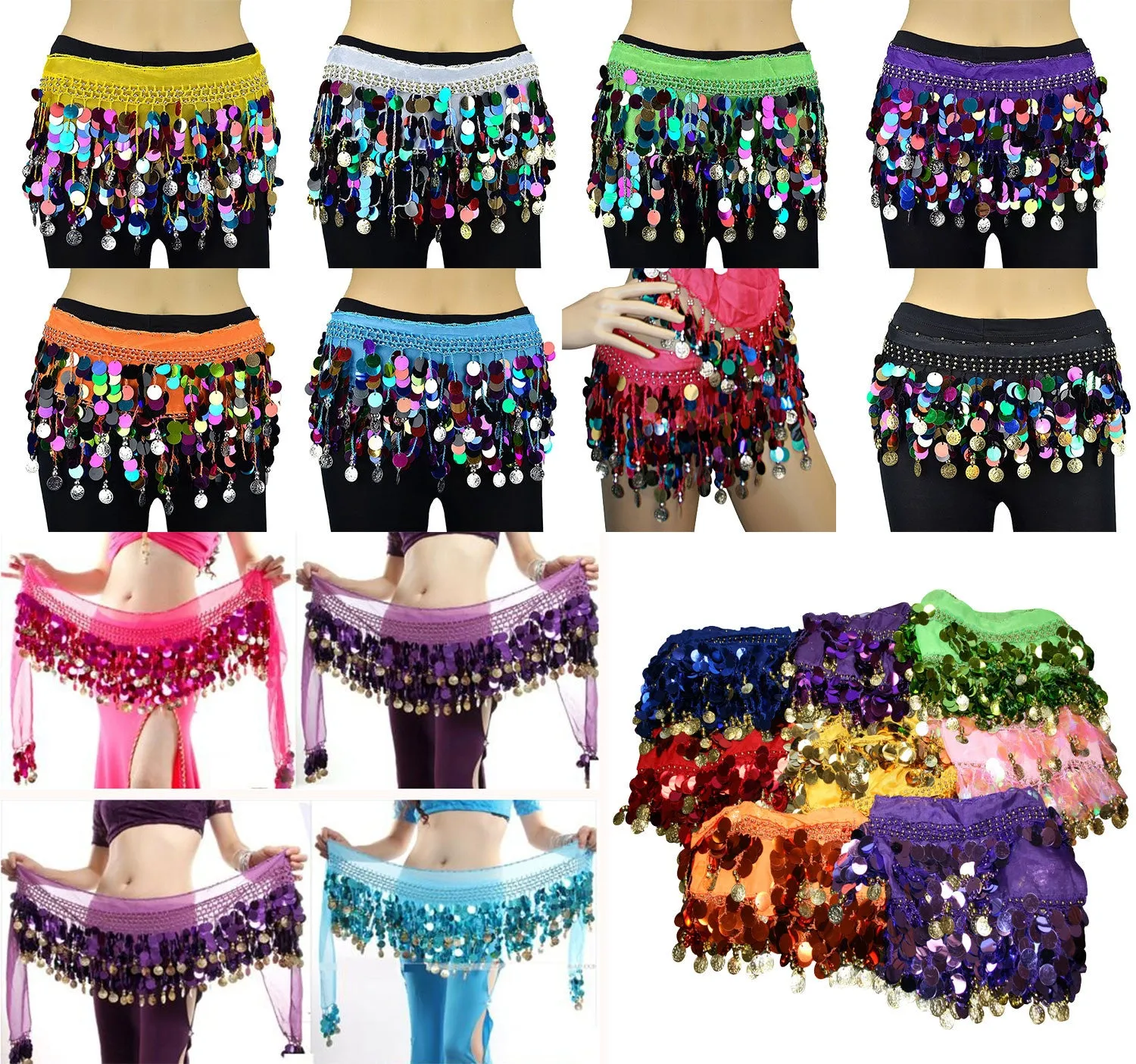 Lot of 100 Tribal Multi and Solid Color Hip Scarf Belly Pallette w/ Silver and Gold Coins