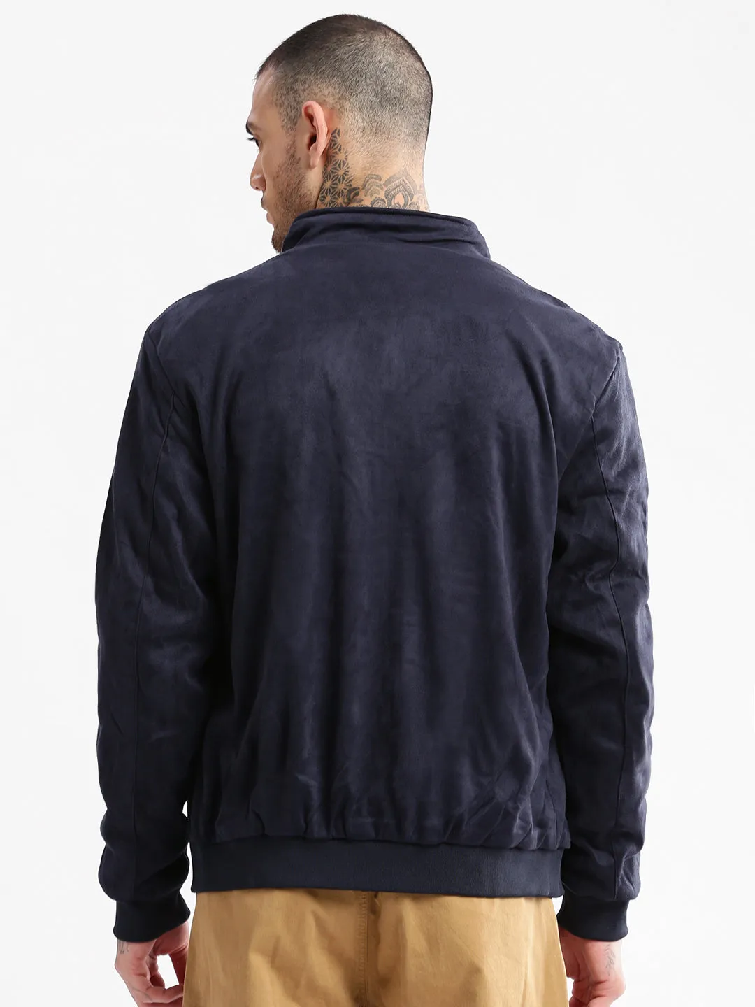 Men Mock Collar Navy Blue Solid Tailored Jacket