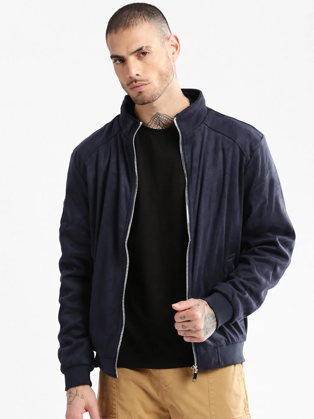 Men Mock Collar Navy Blue Solid Tailored Jacket