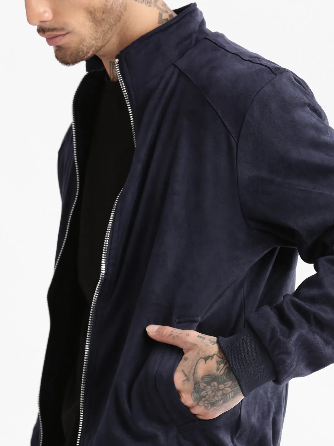 Men Mock Collar Navy Blue Solid Tailored Jacket
