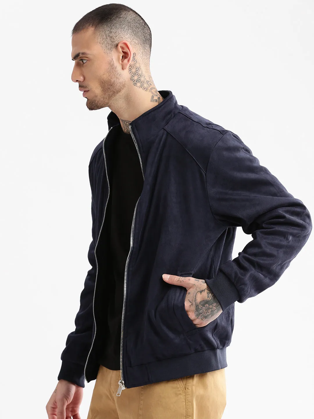 Men Mock Collar Navy Blue Solid Tailored Jacket