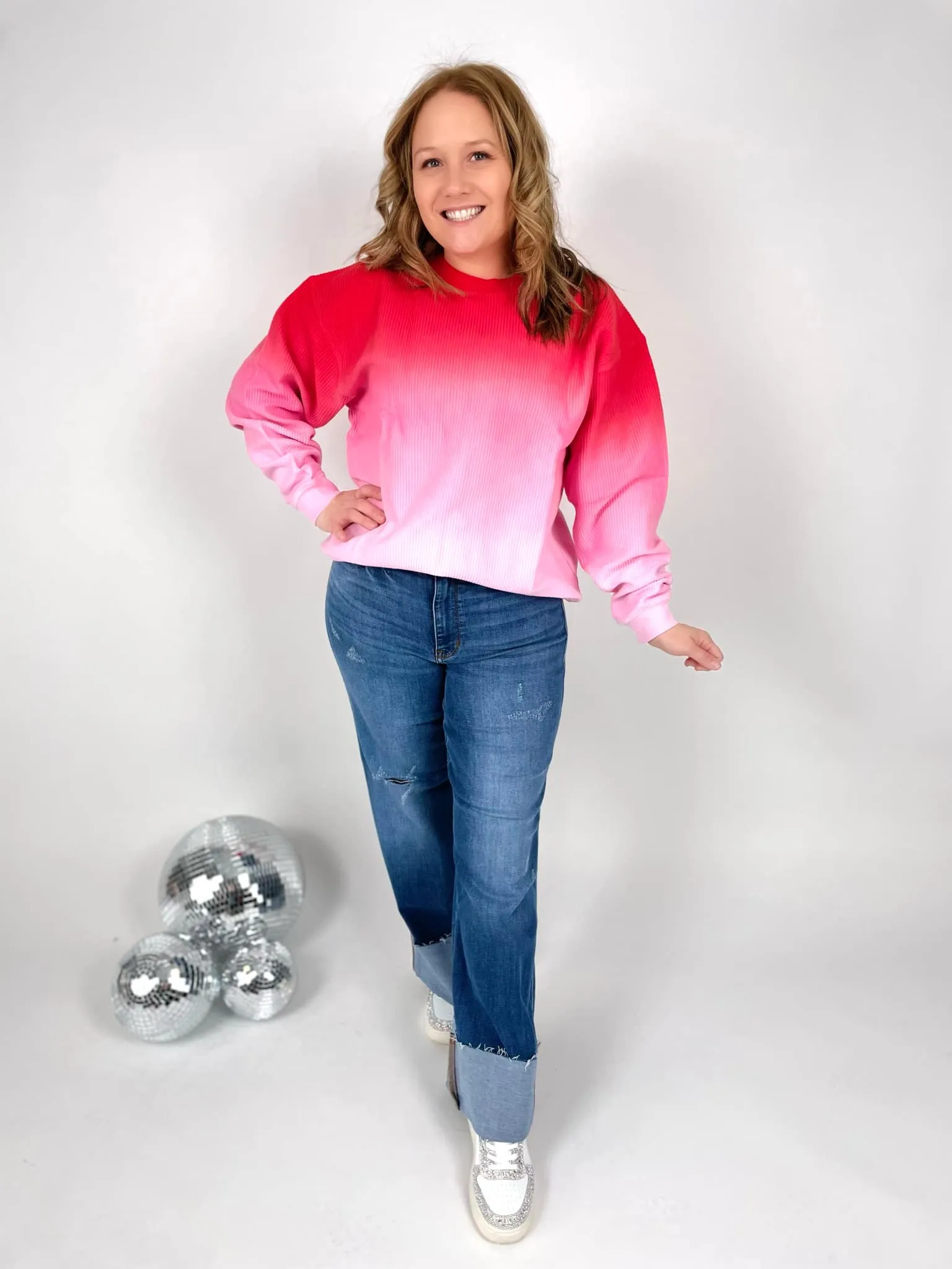 Ombre Cozy Cord Sweatshirt - Red/Pink