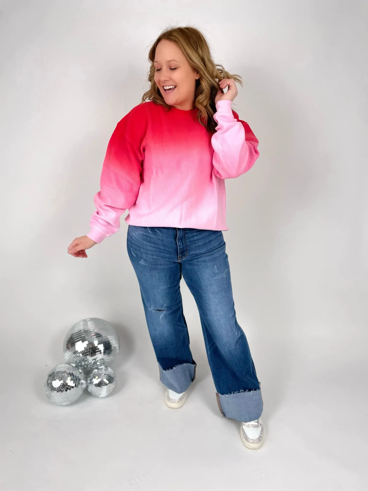 Ombre Cozy Cord Sweatshirt - Red/Pink