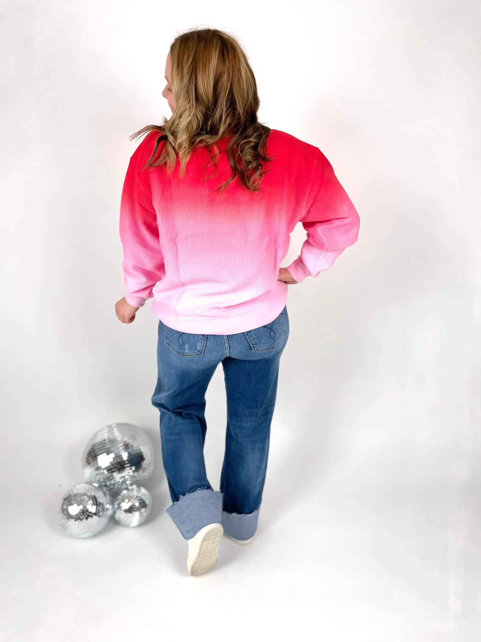 Ombre Cozy Cord Sweatshirt - Red/Pink