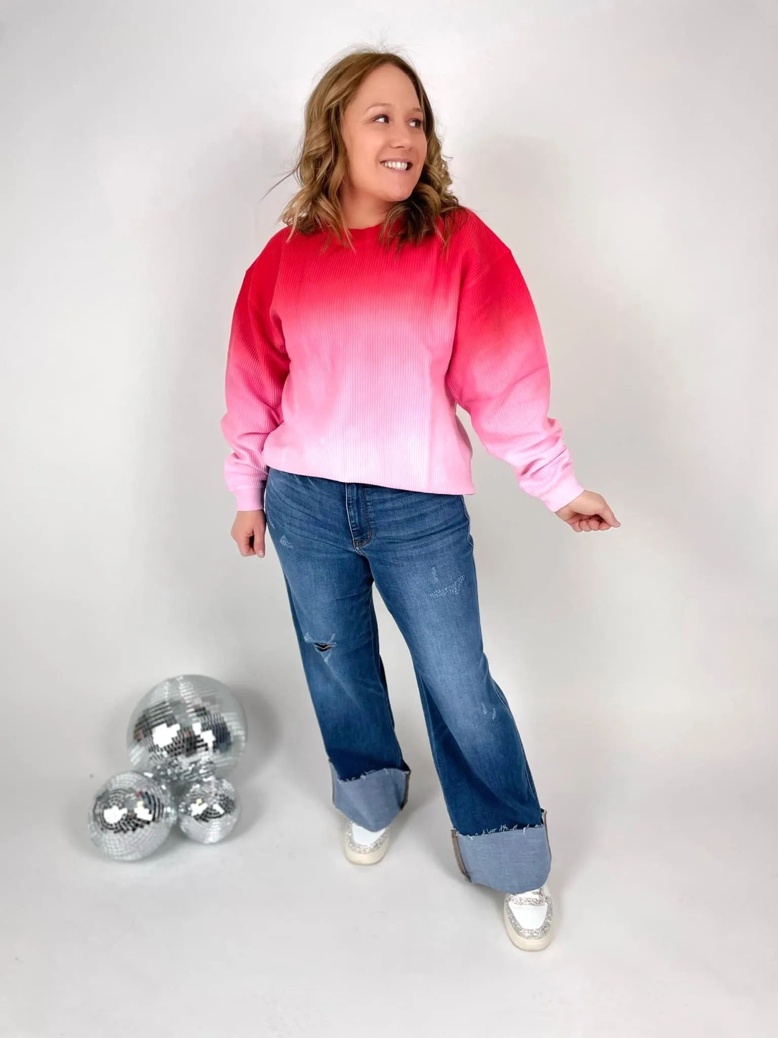 Ombre Cozy Cord Sweatshirt - Red/Pink