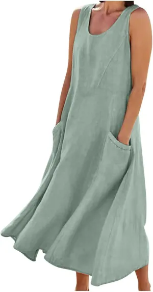 Plus Size Summer Dresses for Women 2025 Casual Plain Sleeveless Linen Tank Dress Beach Sun Dresses with Pockets