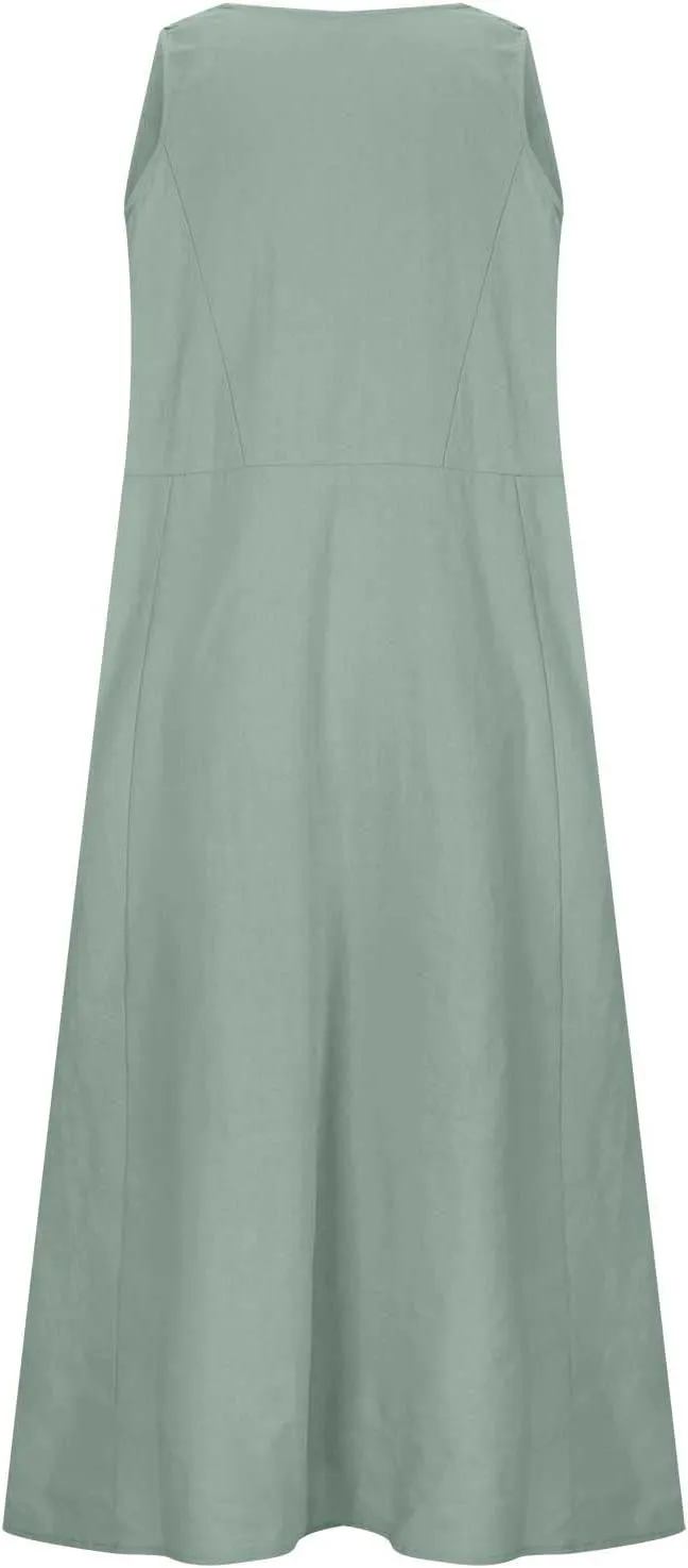 Plus Size Summer Dresses for Women 2025 Casual Plain Sleeveless Linen Tank Dress Beach Sun Dresses with Pockets