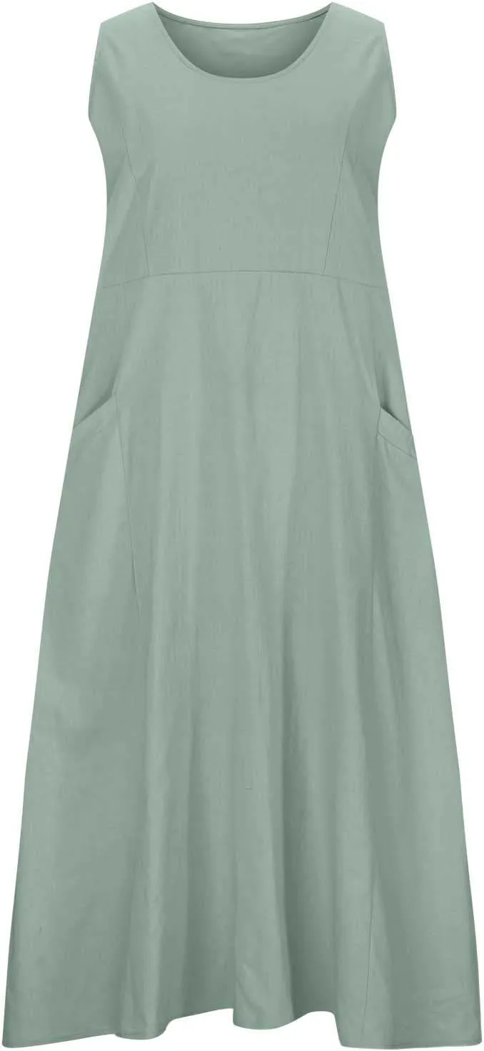 Plus Size Summer Dresses for Women 2025 Casual Plain Sleeveless Linen Tank Dress Beach Sun Dresses with Pockets