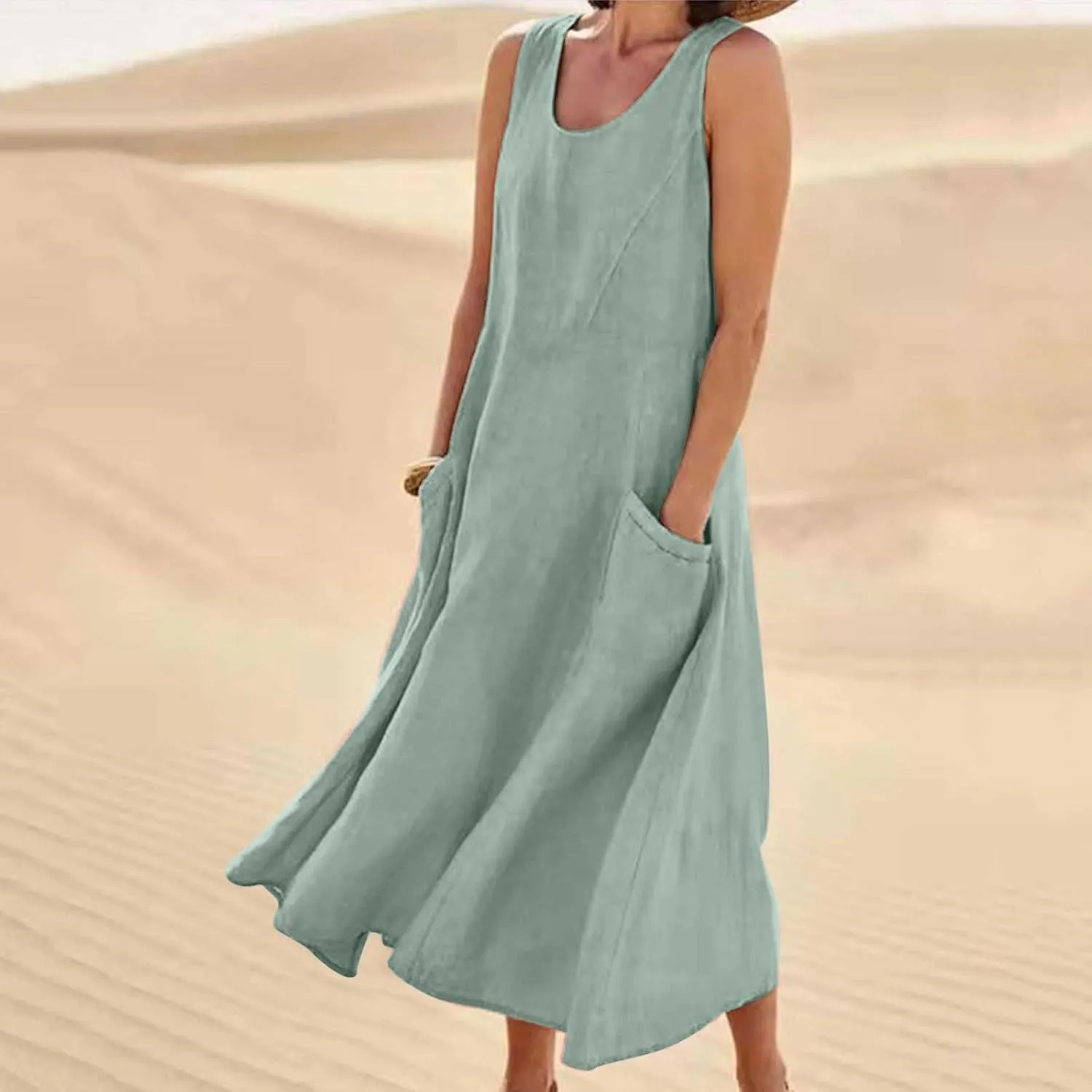 Plus Size Summer Dresses for Women 2025 Casual Plain Sleeveless Linen Tank Dress Beach Sun Dresses with Pockets