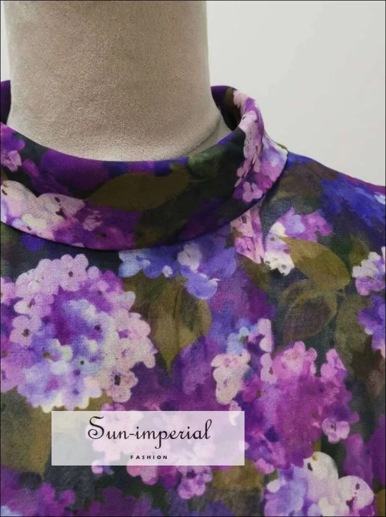 Purple Floral Pleated Turtleneck Long Sleeve Elegant Mini Dress