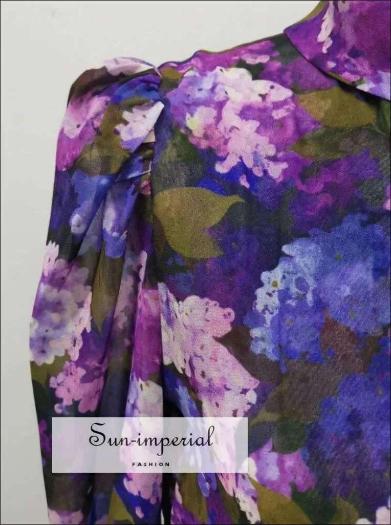 Purple Floral Pleated Turtleneck Long Sleeve Elegant Mini Dress
