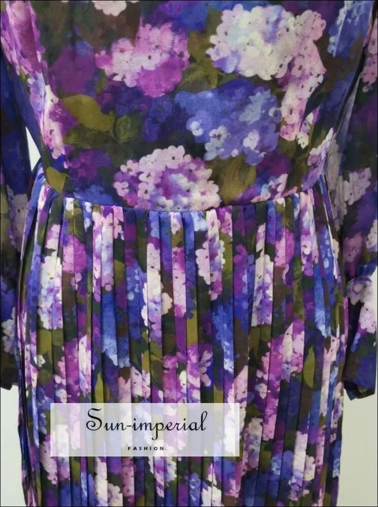 Purple Floral Pleated Turtleneck Long Sleeve Elegant Mini Dress