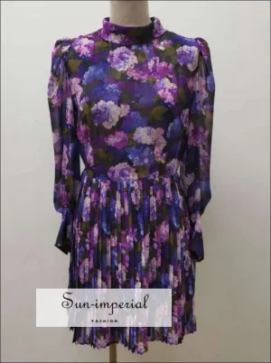 Purple Floral Pleated Turtleneck Long Sleeve Elegant Mini Dress