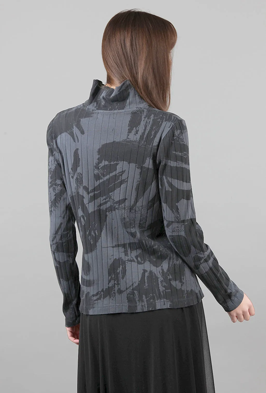 Ribbed Print Funnel Top, Gray